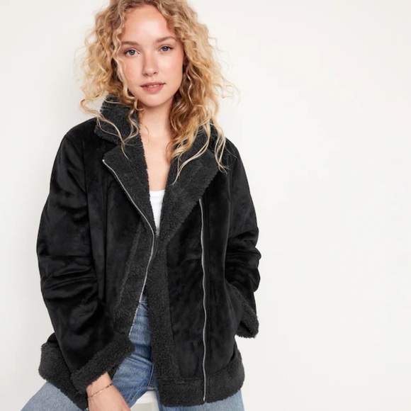NWT OLD NAVY Faux-Suede Sherpa-Lined Moto Jacket Color Black SIZE XTRA SMALL - Picture 4 of 7
